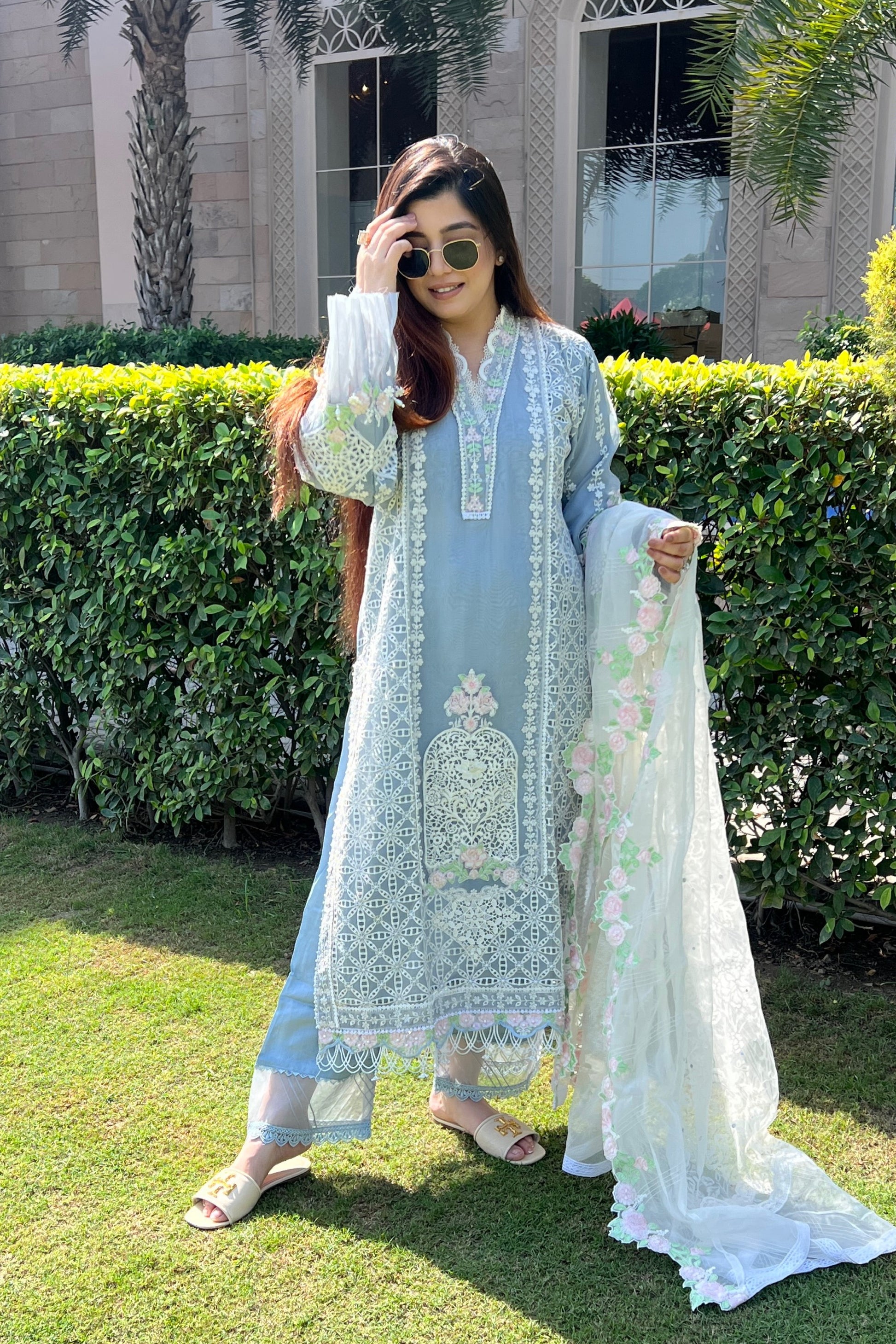 Seerna Grey Luxe Cutwork Suit Set