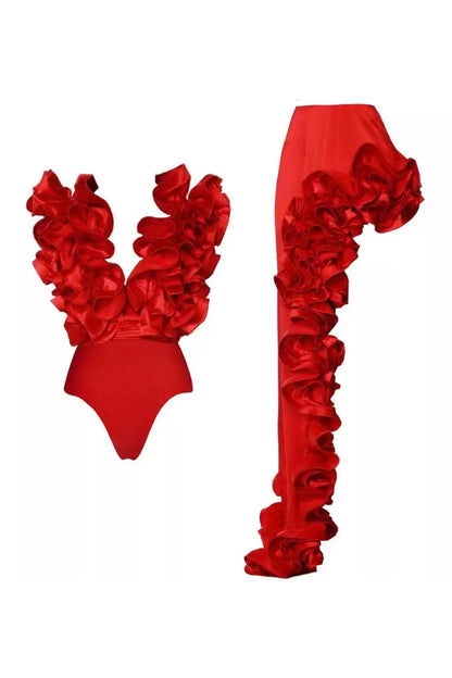 Red Frill Swimsuit With Skirt