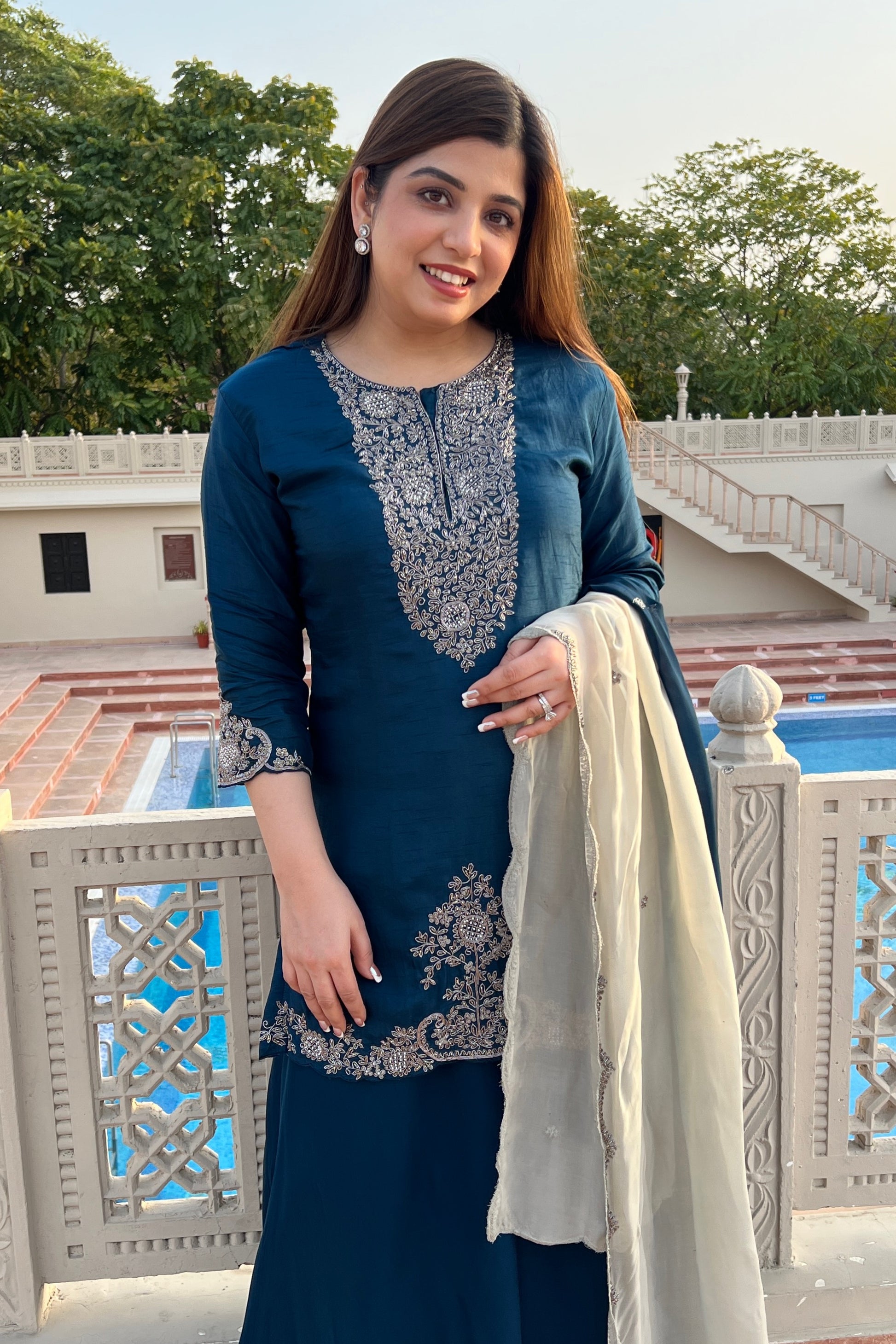 Ruwa Blue Embroidered Suit Set