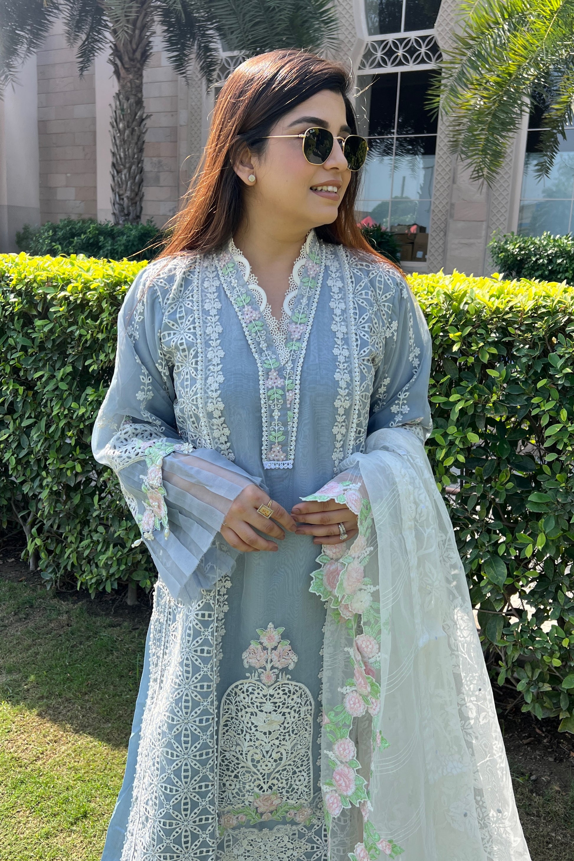 Seerna Grey Luxe Cutwork Suit Set