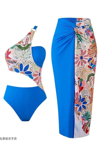 Aqua Floral Swimwear With Cape