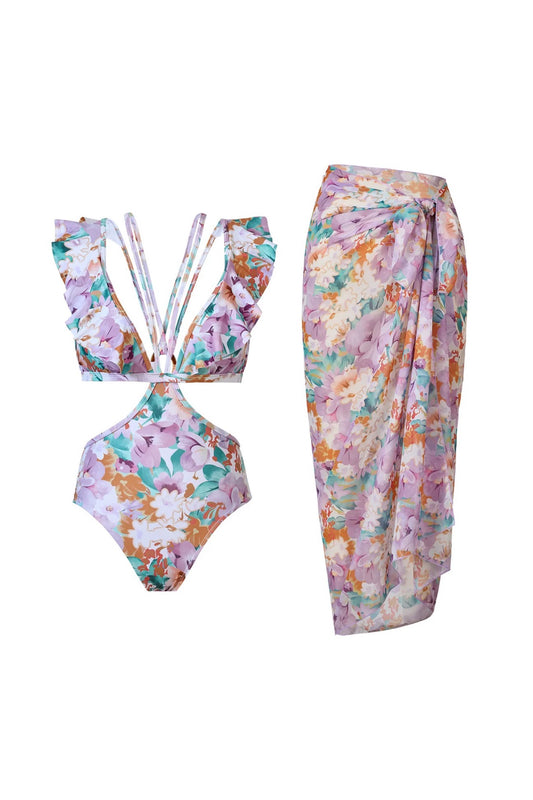 Luxe Printed Frill Swimwear With Sarong