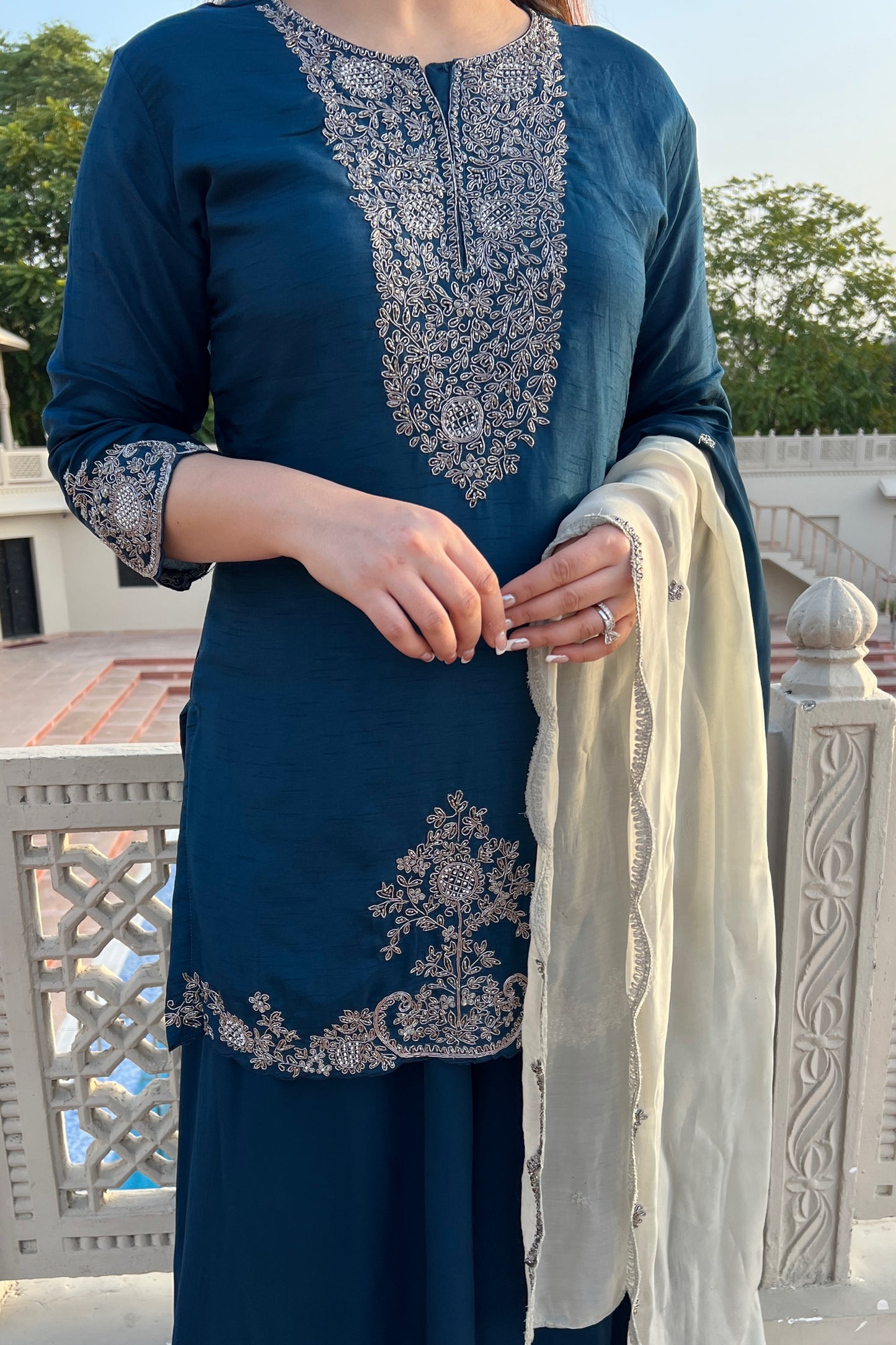 Ruwa Blue Embroidered Suit Set