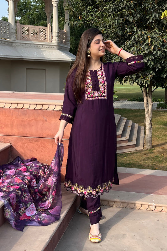 Zoya Purple Embroidered Suit Set