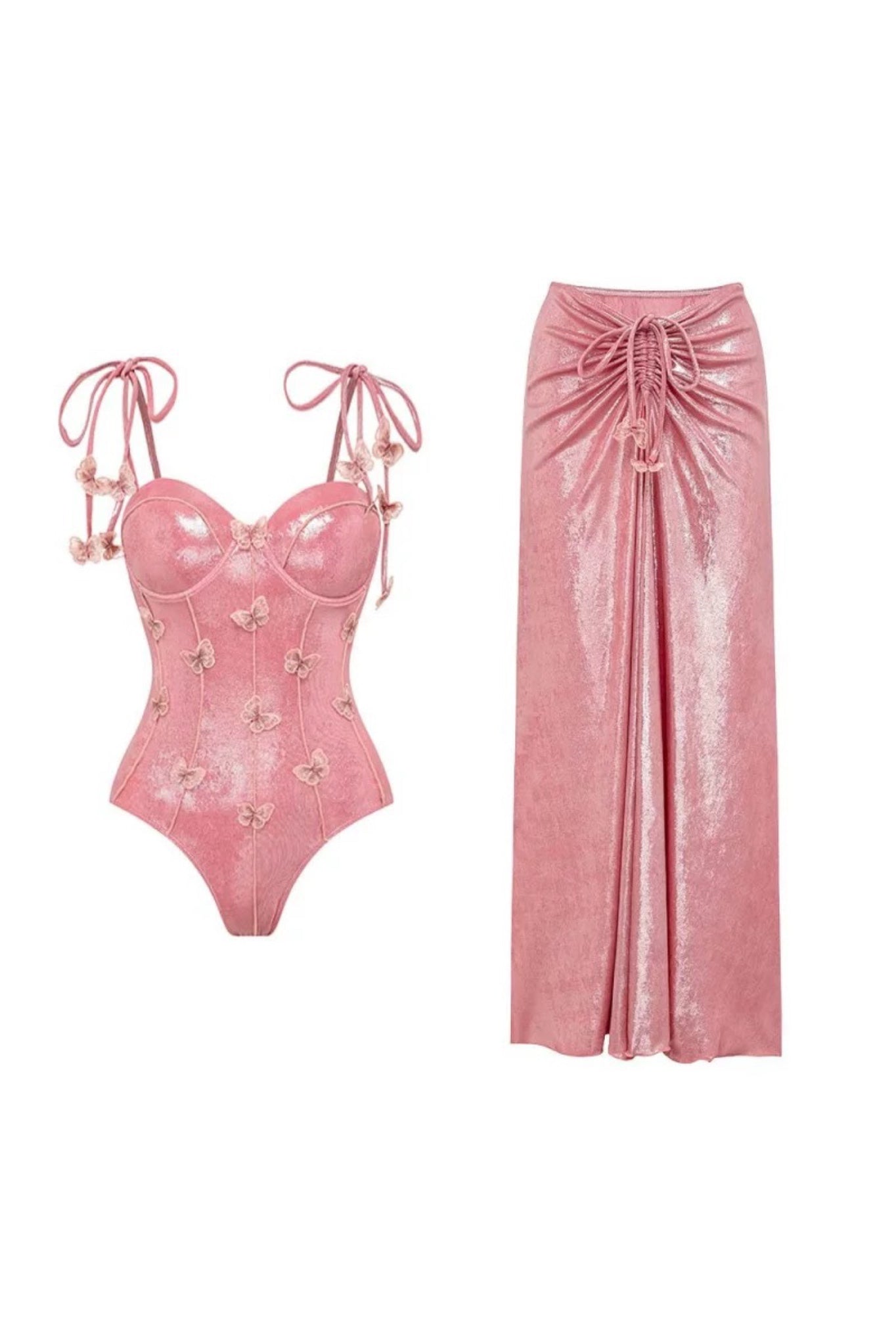 Pink Glossy Swimsuit With Sarong