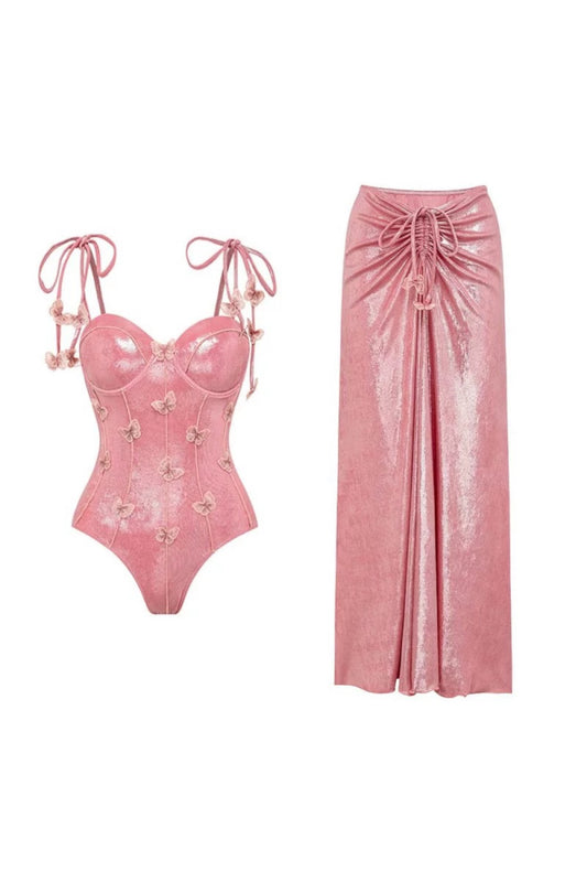 Pink Glossy Swimsuit With Sarong