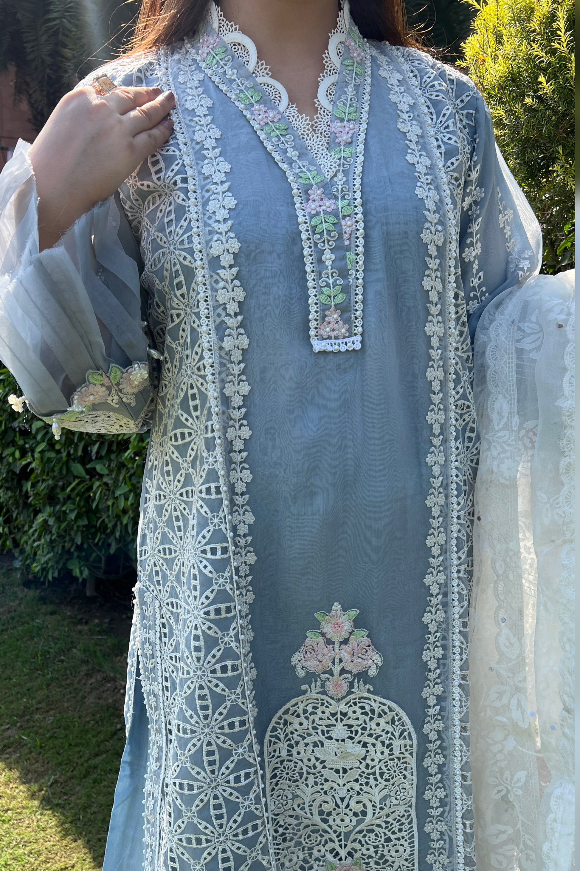 Seerna Grey Luxe Cutwork Suit Set