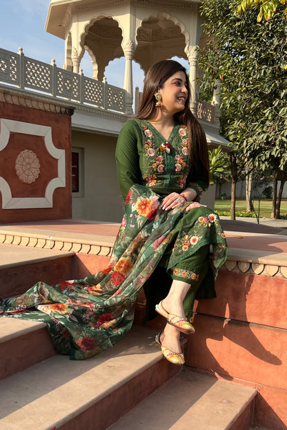 Zoya Green Embroidered Suit Set