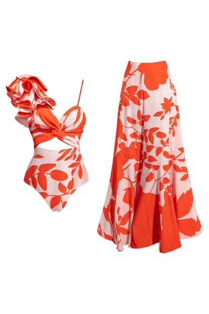 Nero Orange Printed Swimsuit With Skirt
