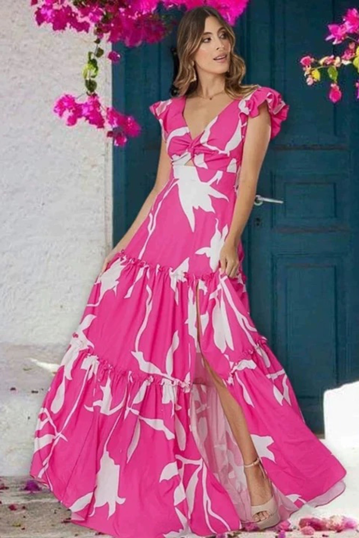Pink Printed Swimwear With Skirt