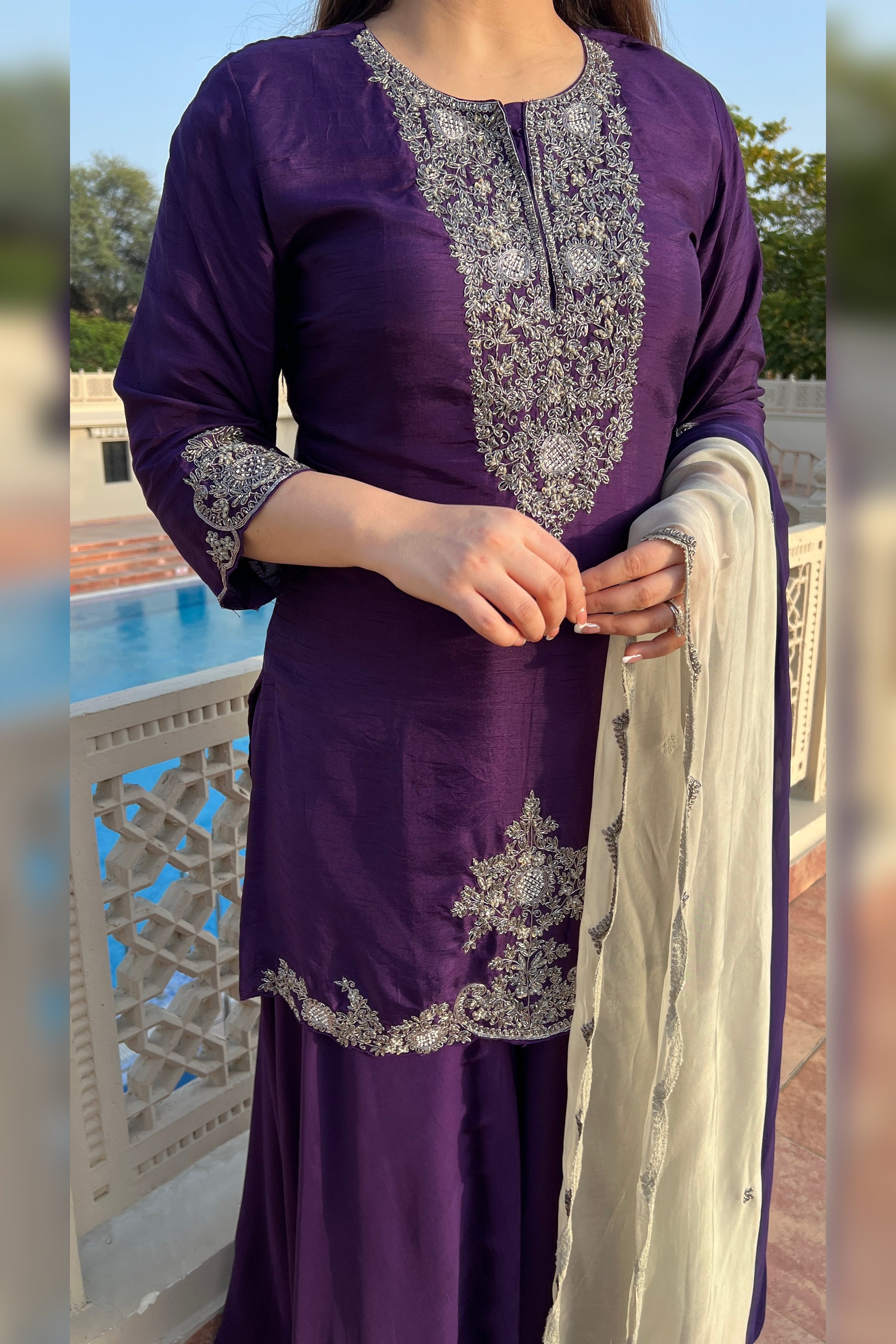 Ruwa Purple Embroidered Suit Set