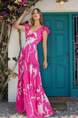 Pink Printed Swimwear With Skirt