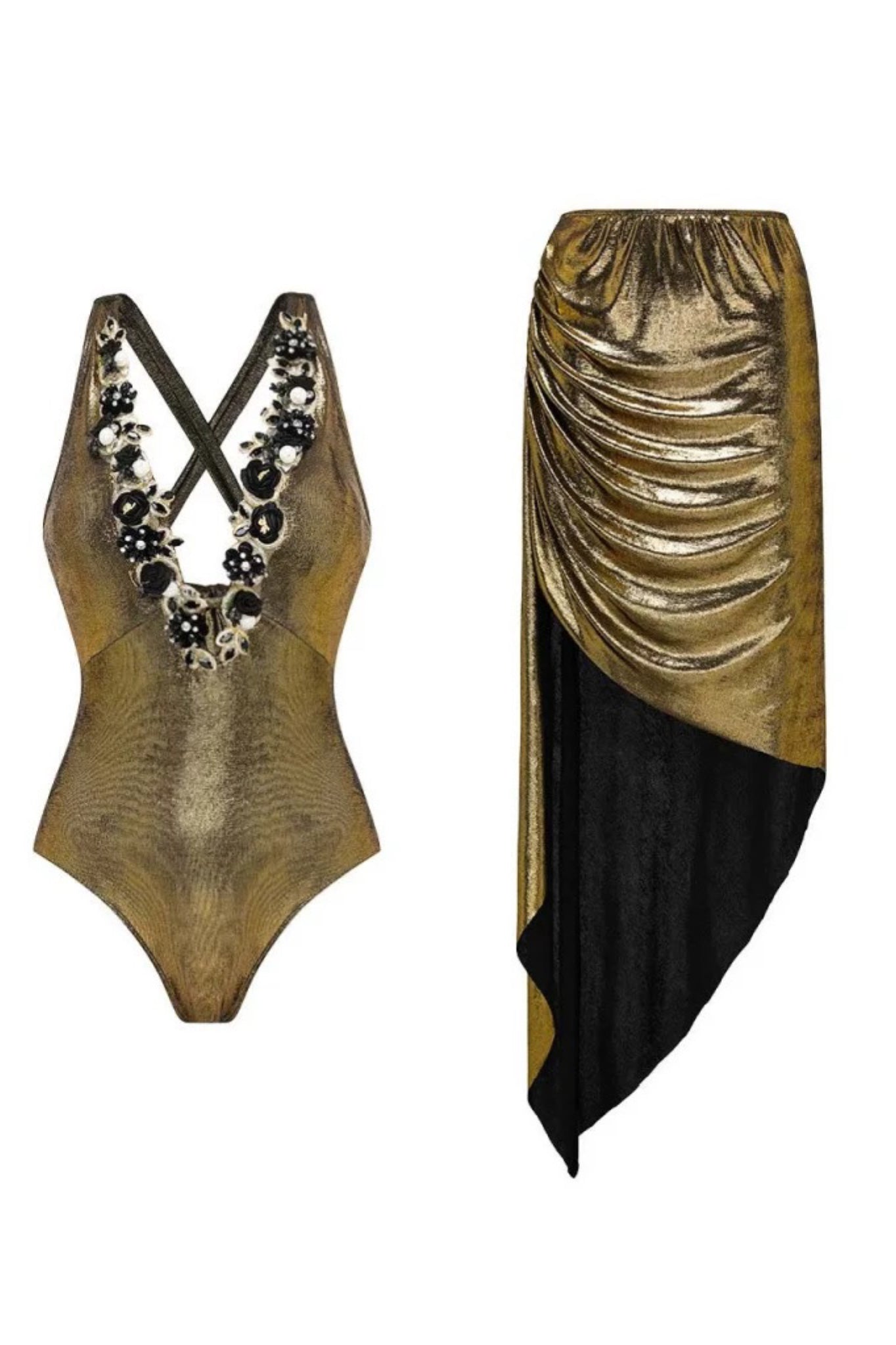 Black Metallic Swimsuit With Sarong