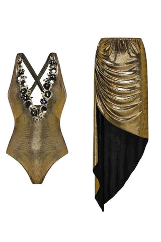 Black Metallic Swimsuit With Sarong