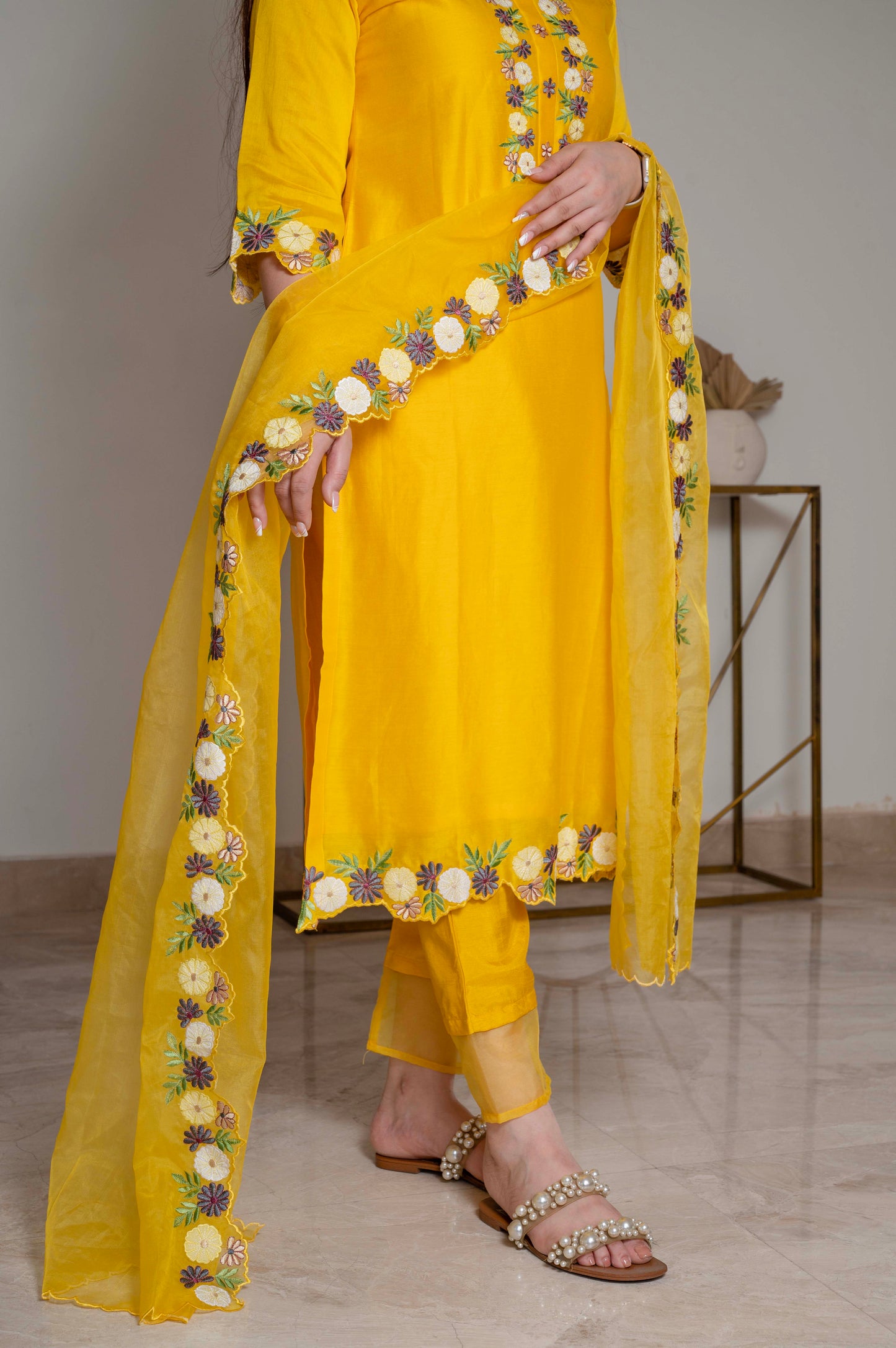 Nadira Yellow Embroidered Silk Suit Set