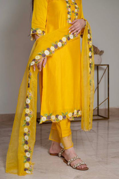 Nadira Yellow Embroidered Silk Suit Set