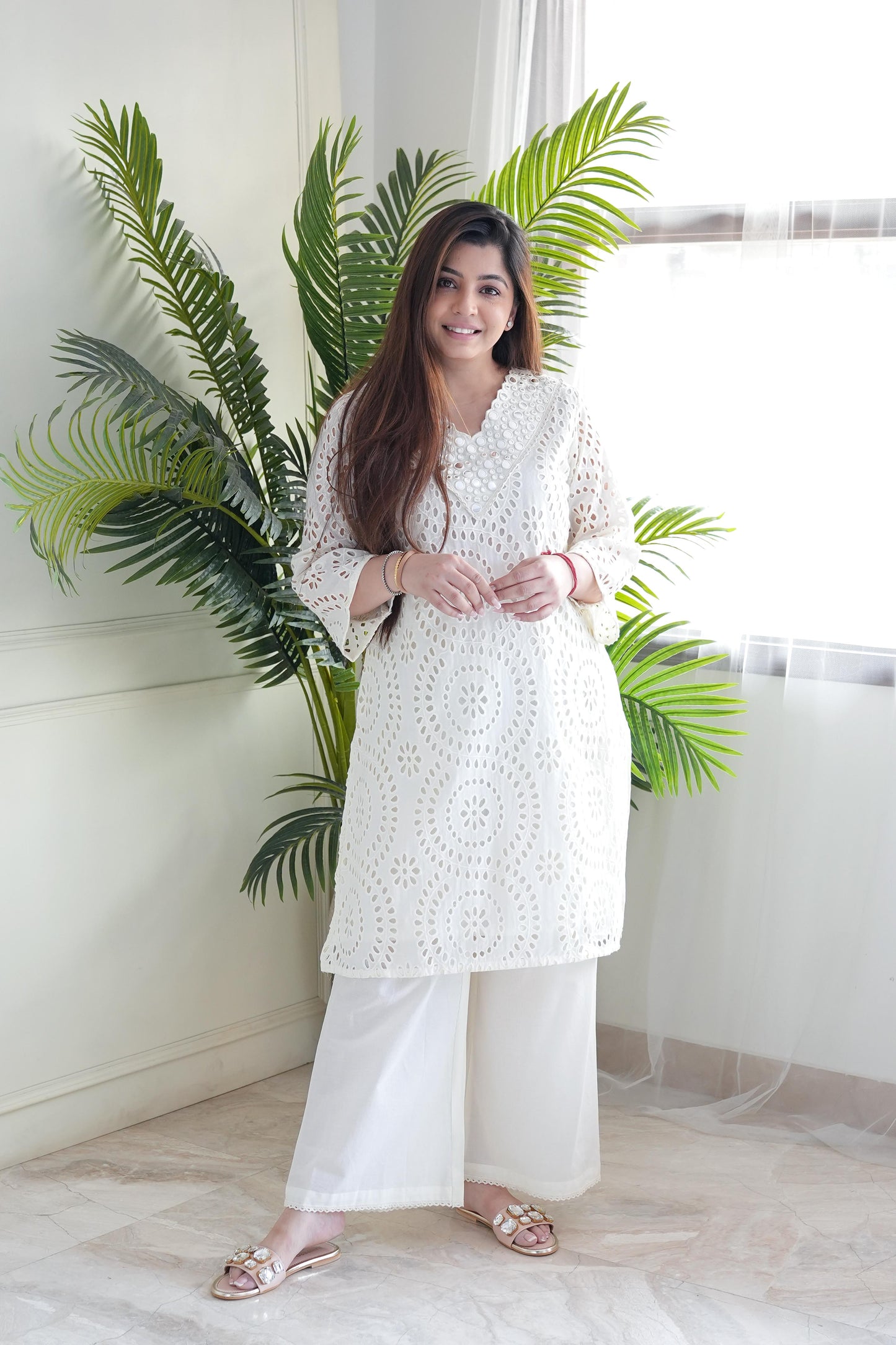 Gaura White Cutwork Plazo Set