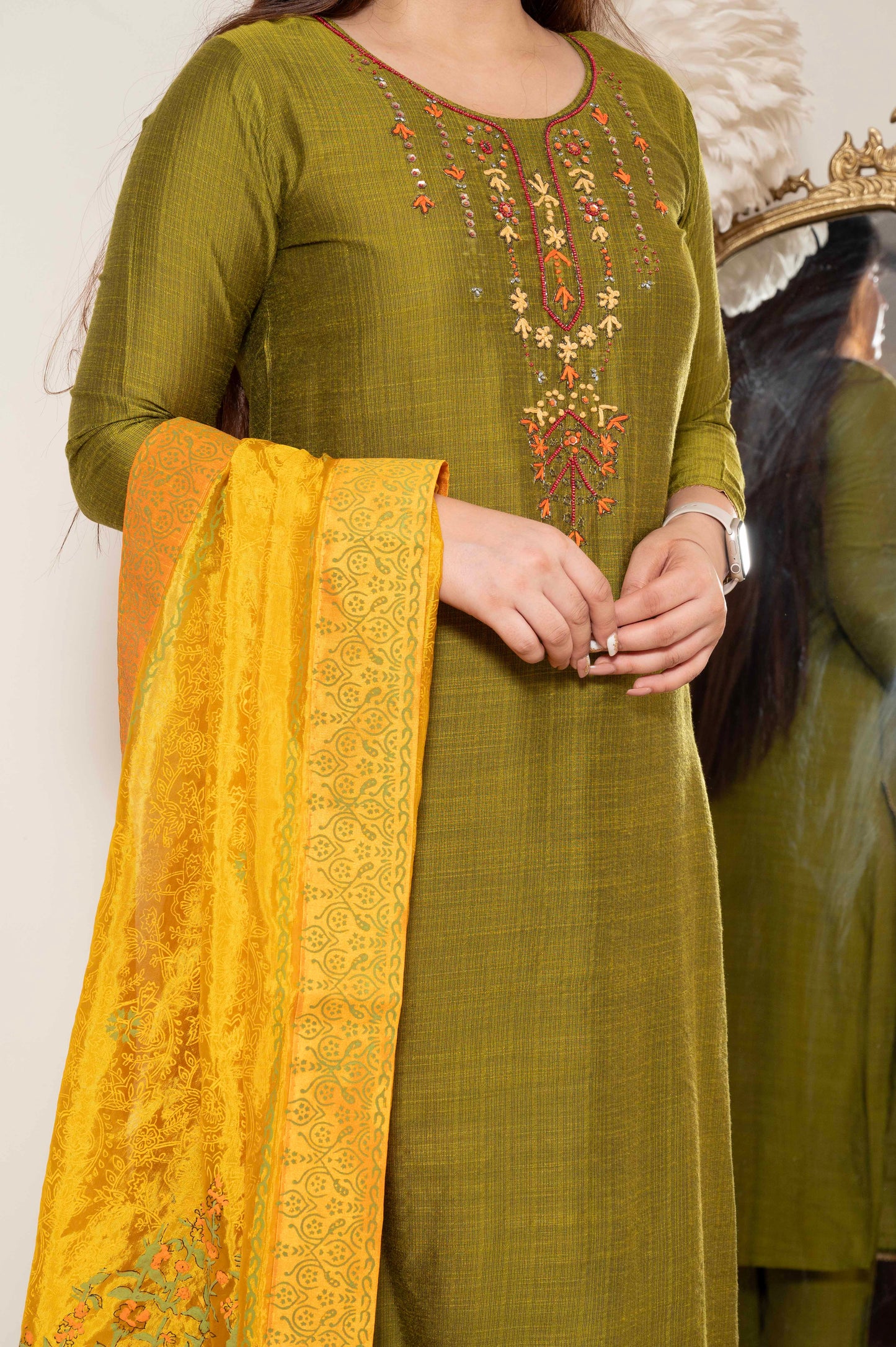 Chanda Green Suit Set With Painted Dupatta