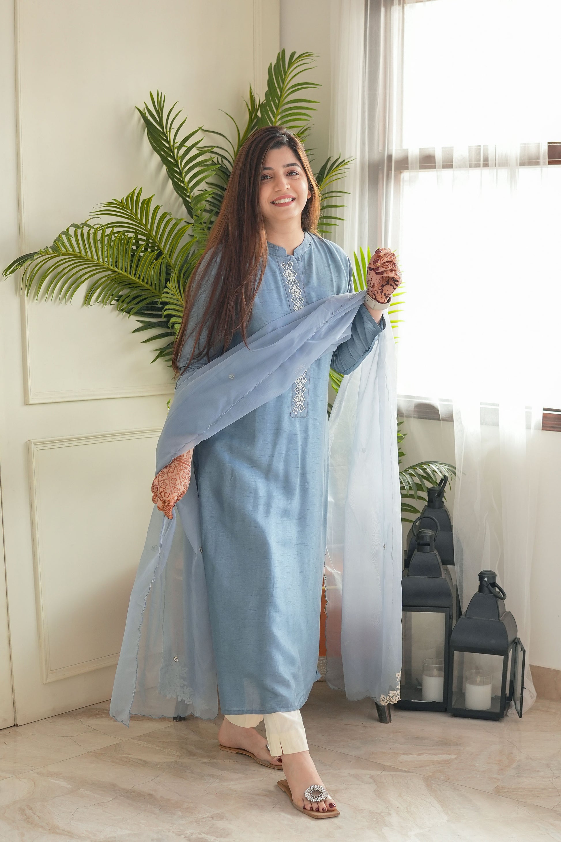 Sia Blue Silk Shirt And Dupatta