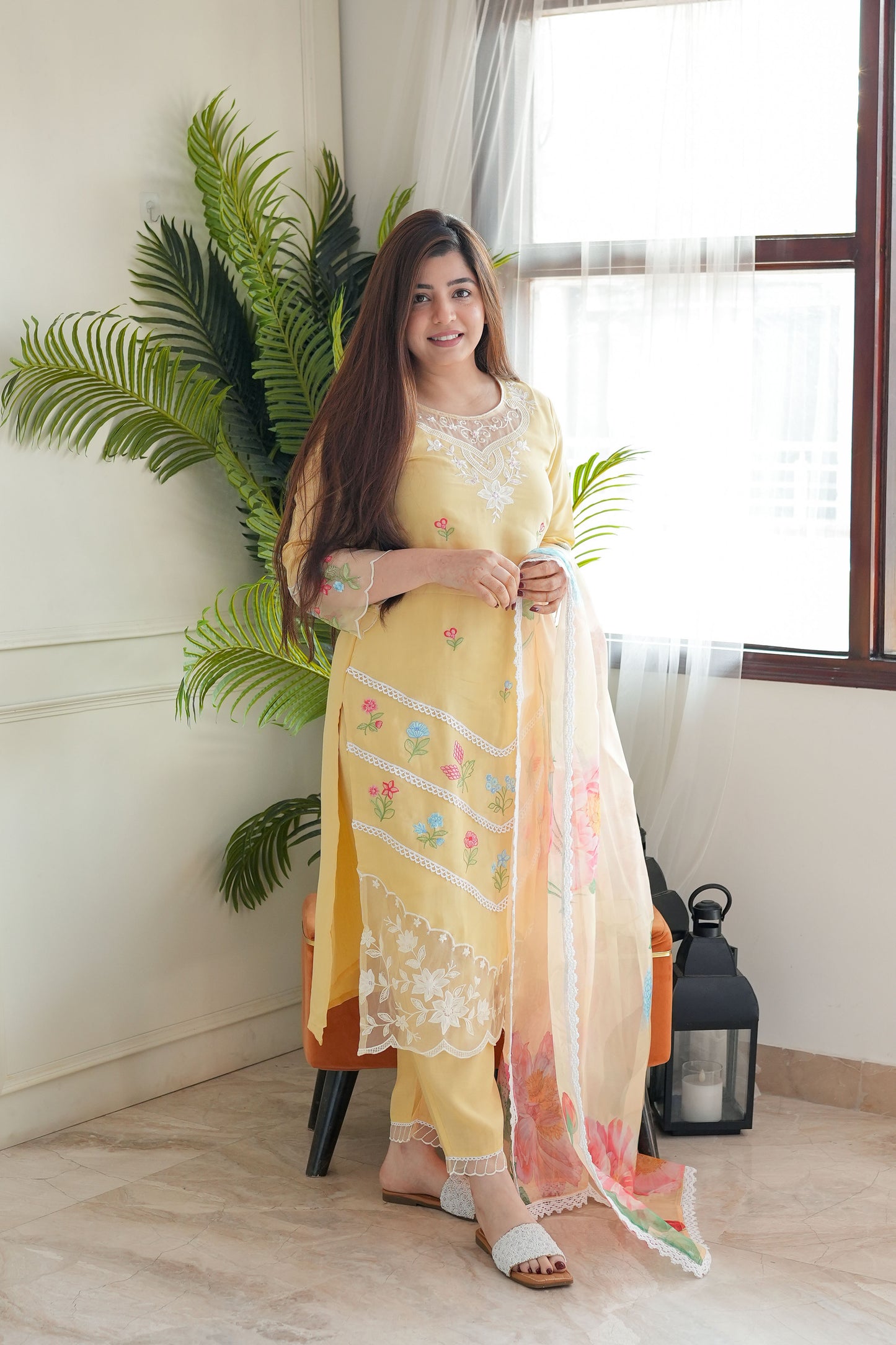 Neemra Yellow Thread Work Organza Suit