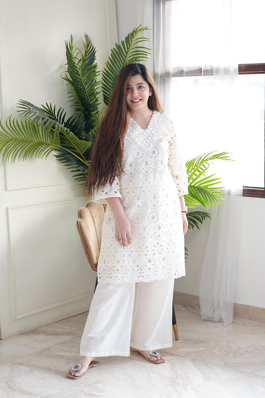 Veda White Cutwork Plazo Set