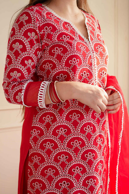 Mehera Red Cutwork Cotton Suit Set