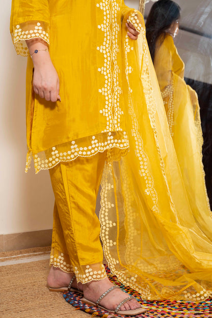 Sukh Yellow Silk Suit With Schiffli Detailing