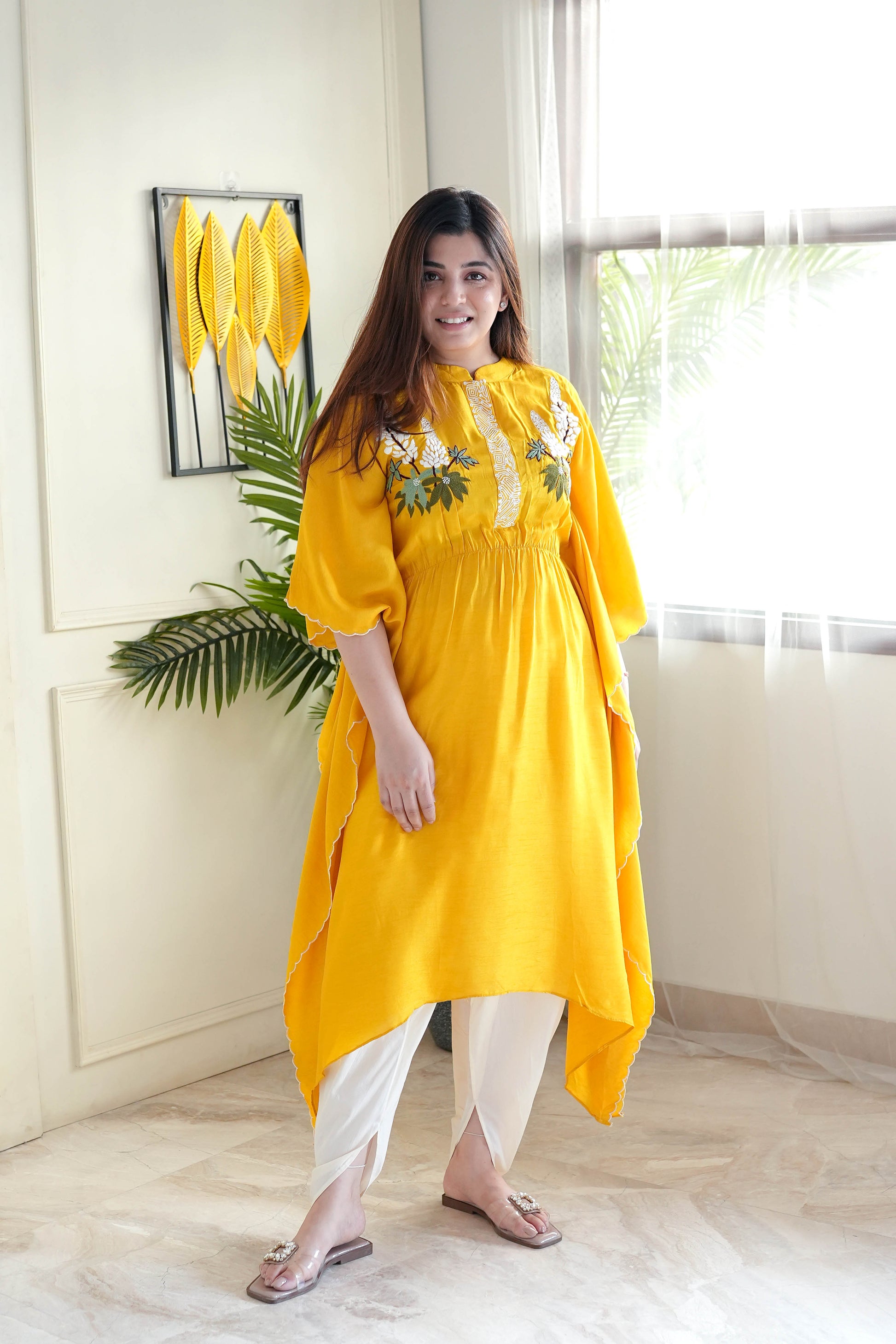 Saba Yellow Hand Embroidered Kaftan Set