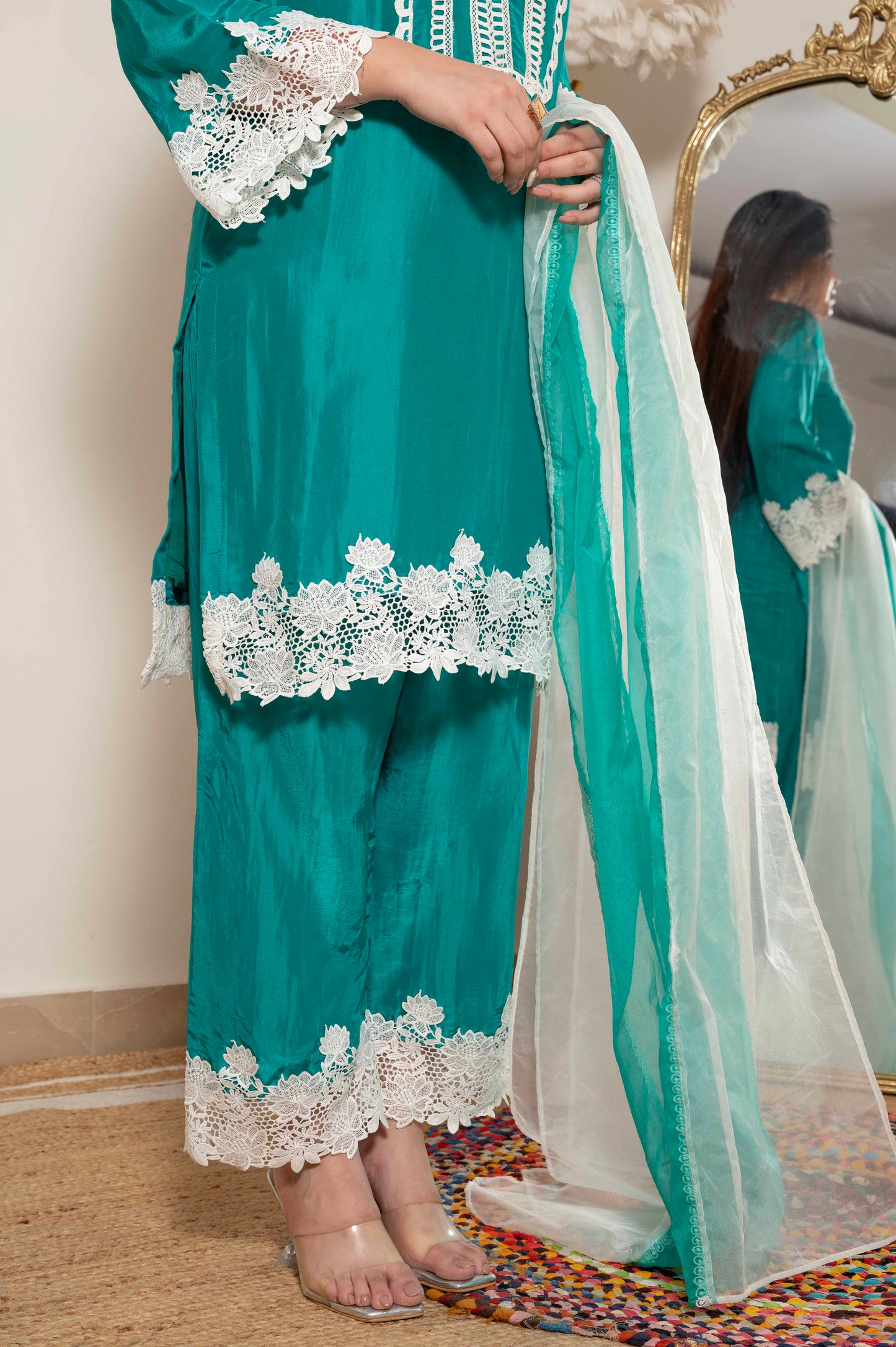 Tirana Green Suit Set With Cutwork Detailing