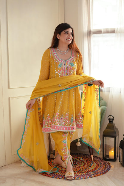 Kiara Yellow Mirror Work Short Anarkali With Dhoti