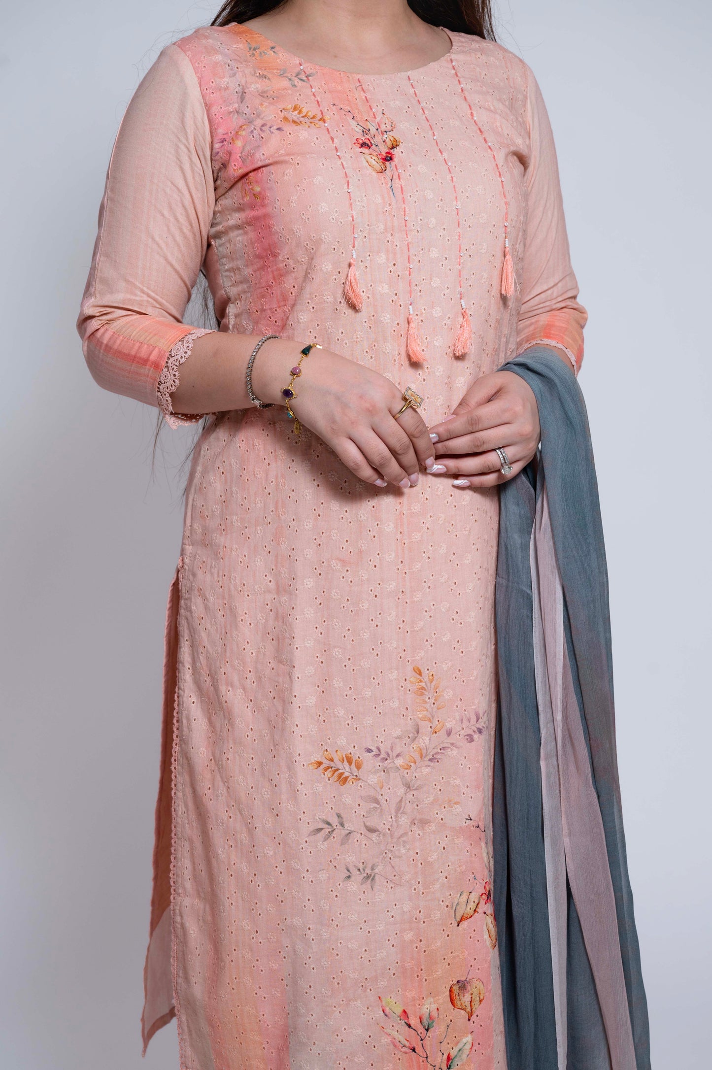 Isra Peach Schiffli Straight Suit Set