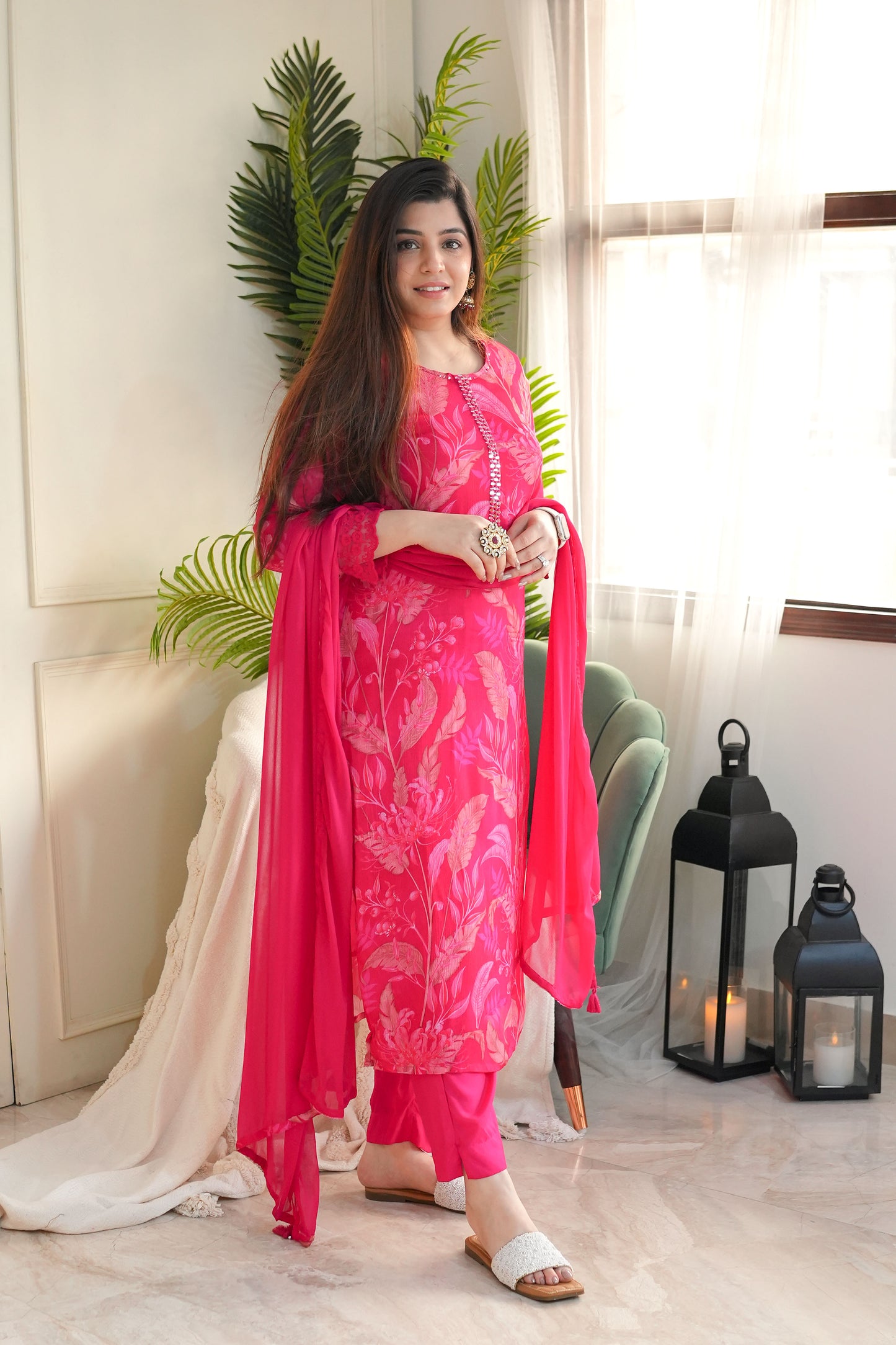 Raha Hot Pink Printed Suit Set