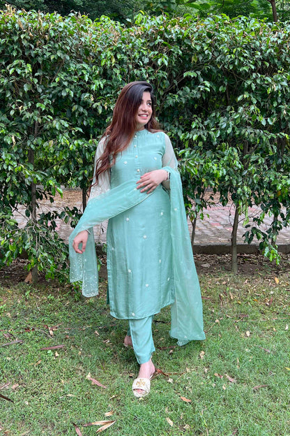 Sara Pastel Green Silk Suit With Beads