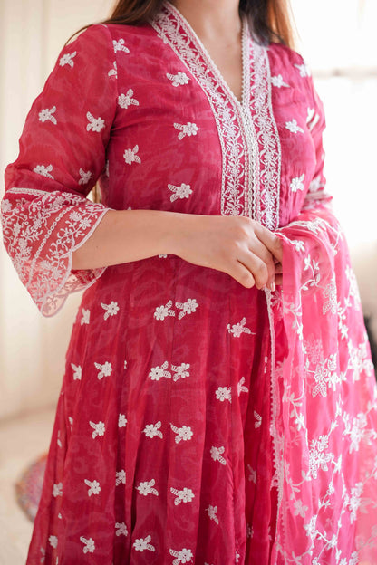 Feroza Pink Schiffli Anarkali Suit Set