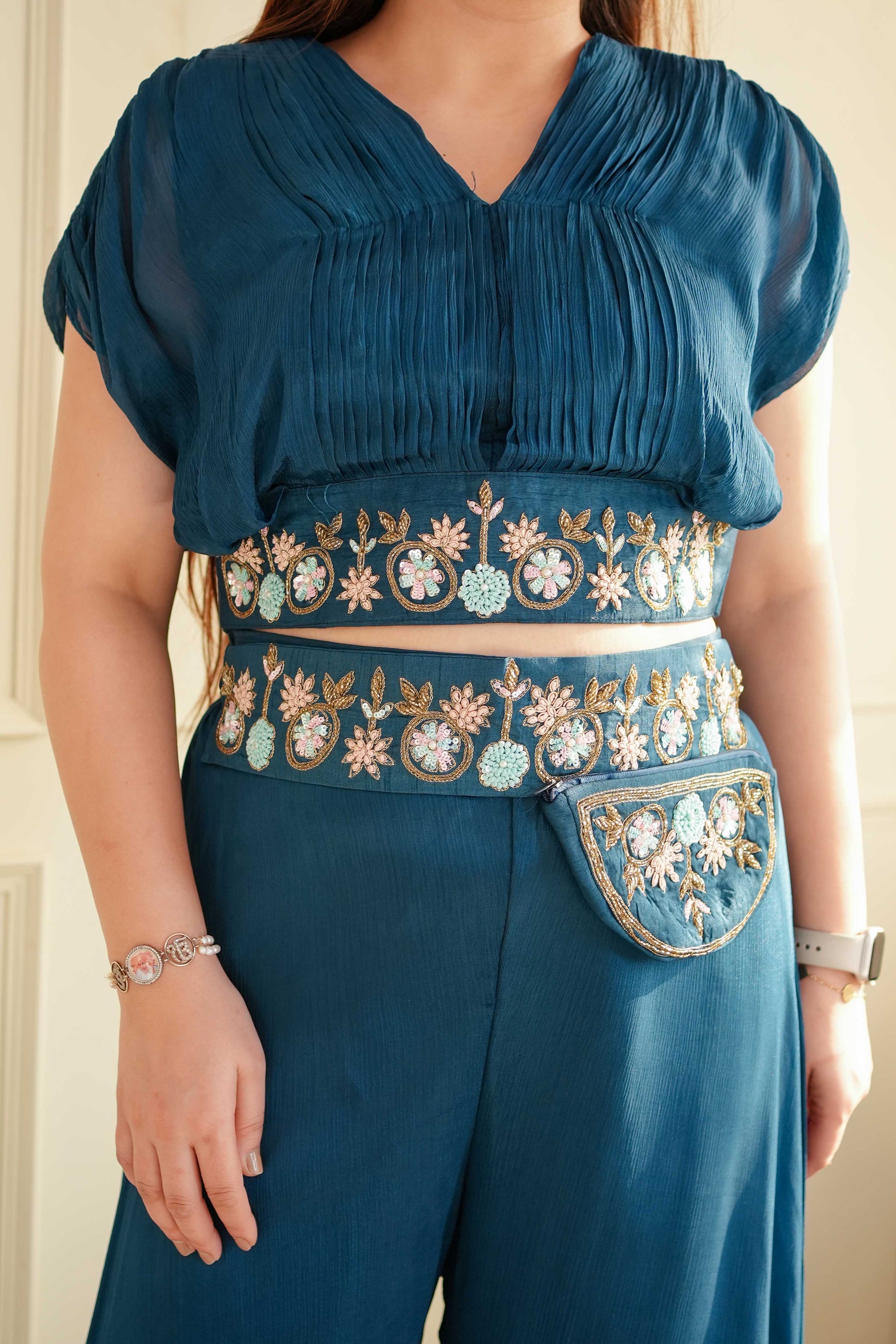 Neya Blue Crop Top With Plazo And Belt Bag