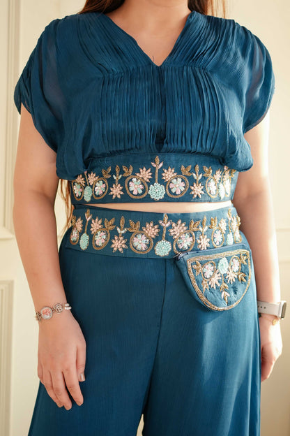 Neya Blue Crop Top With Plazo And Belt Bag