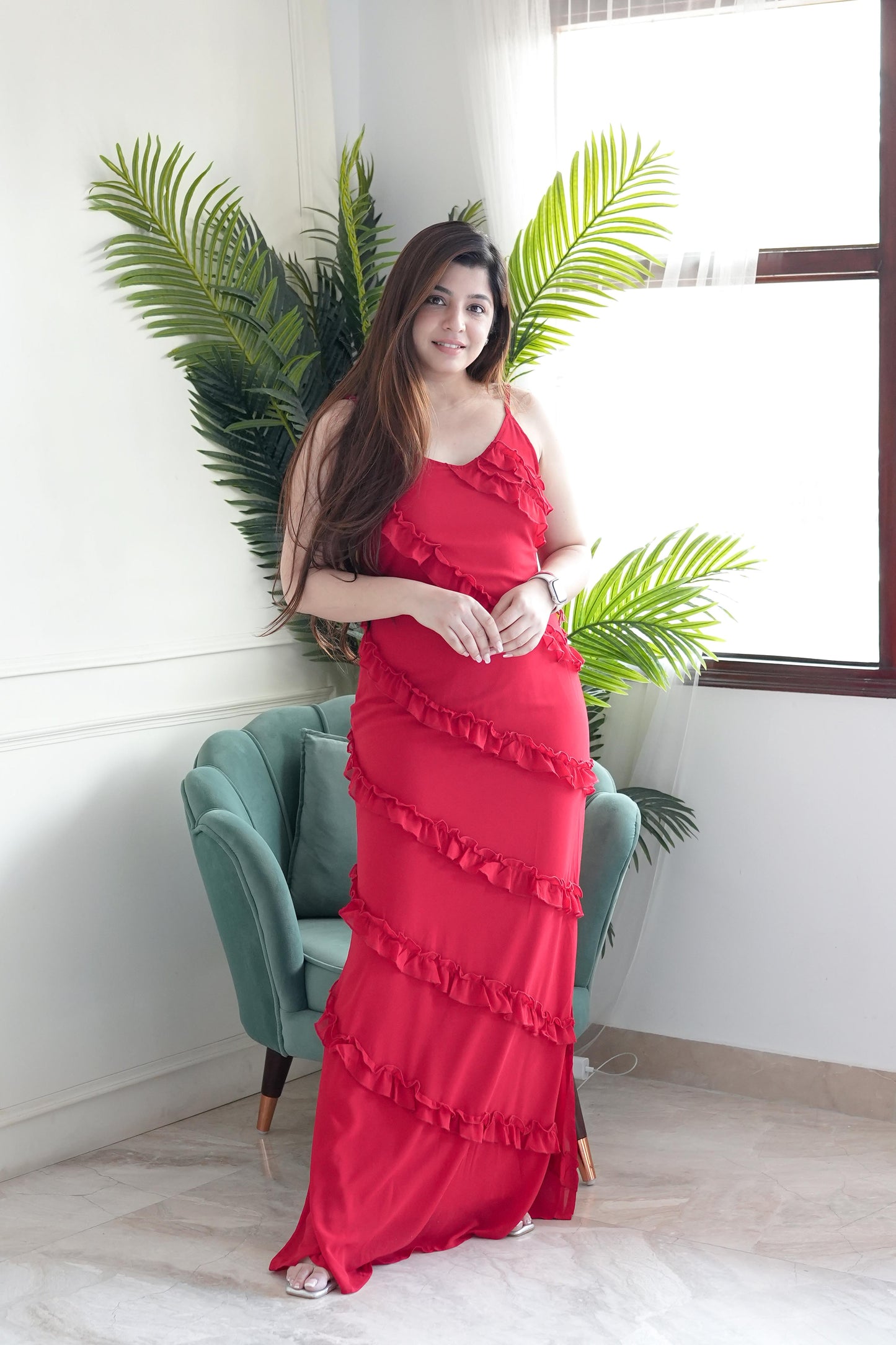 Luxe Red Long Maxi With Frills