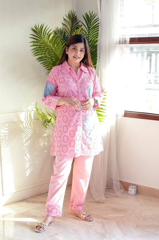 Mehreen Pink Embroidered Schiffli Cordset