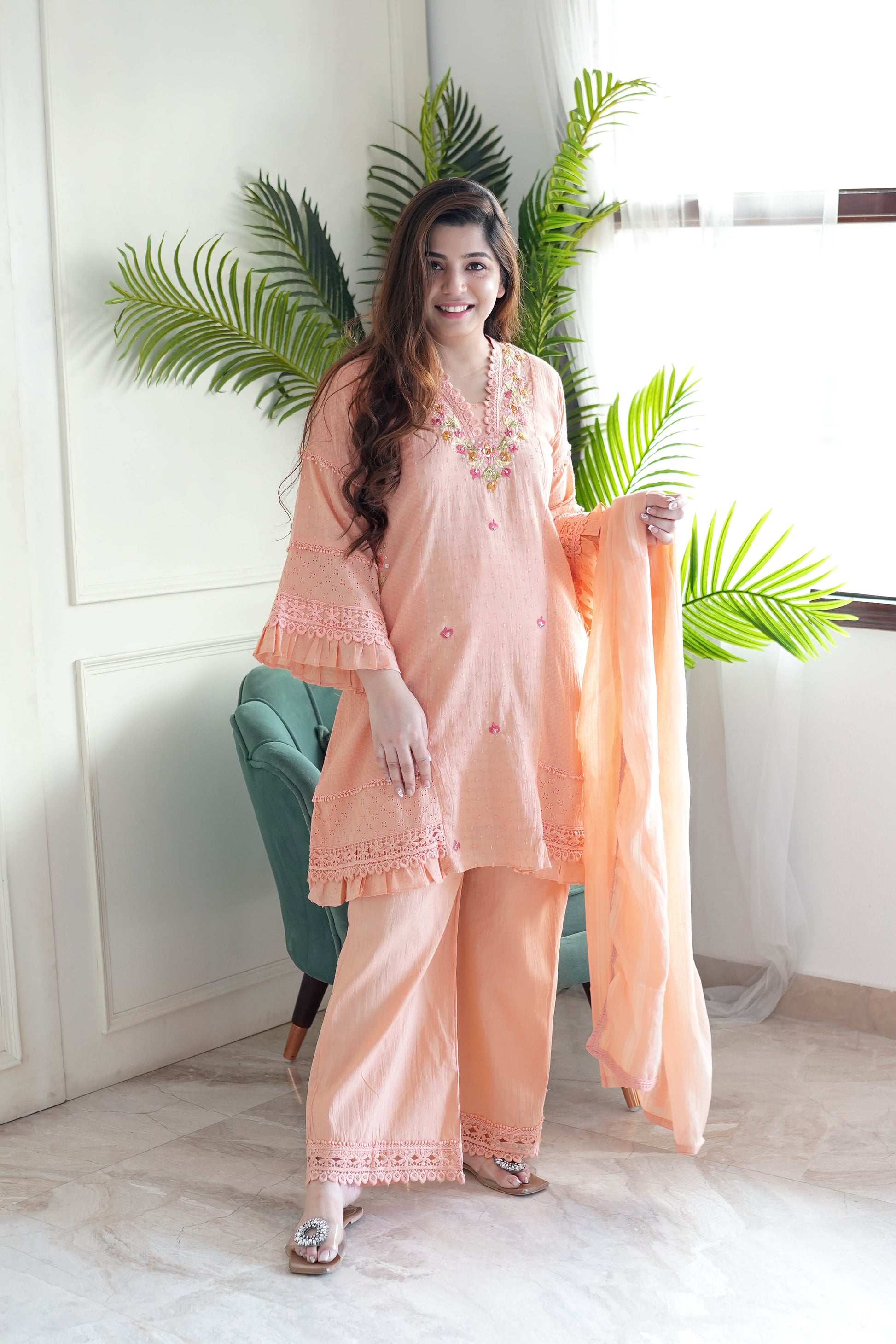 Neemat Peach Embroidered Plazo Set