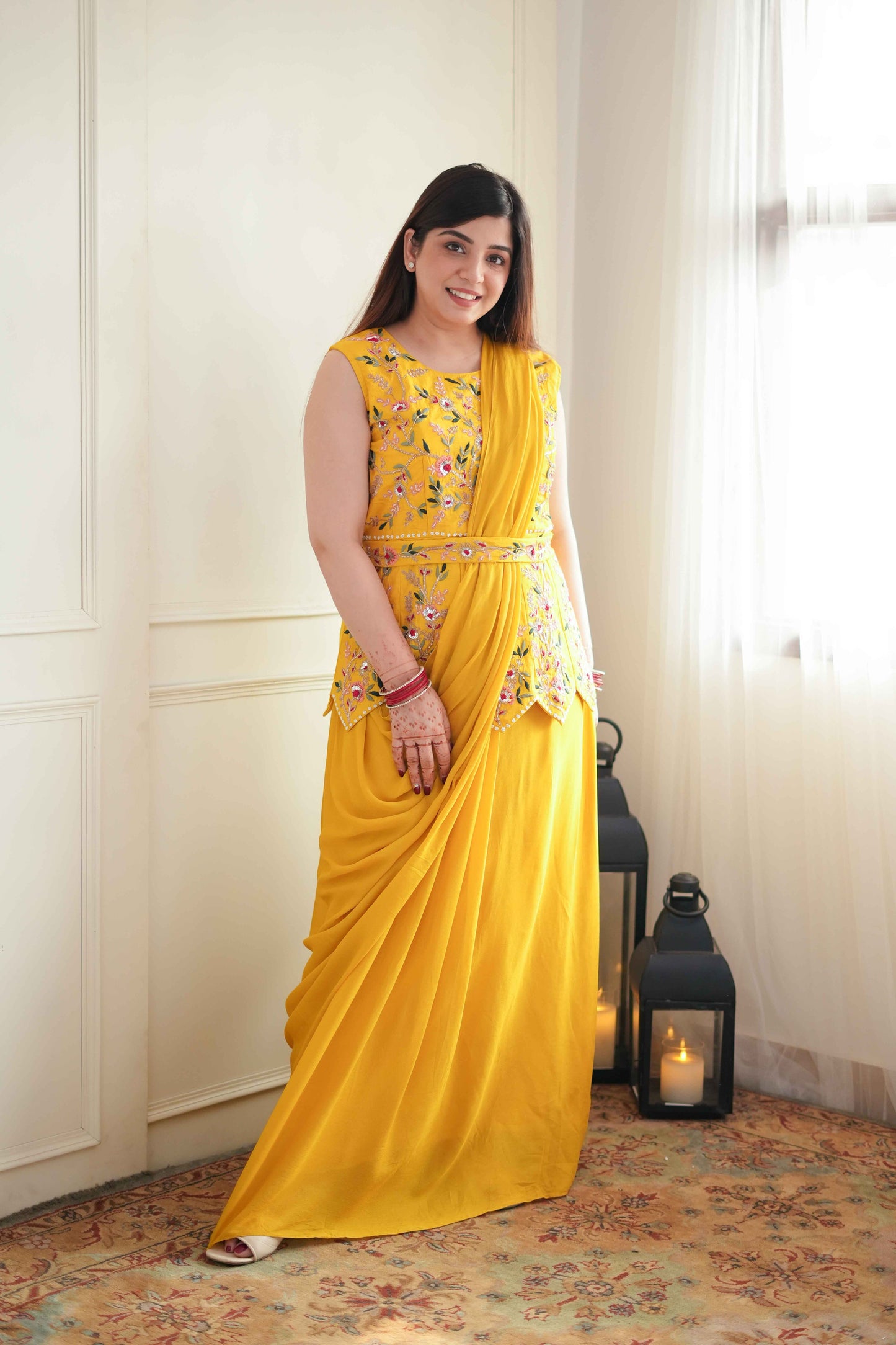 Mukti Yellow Embroidered Drape Saree