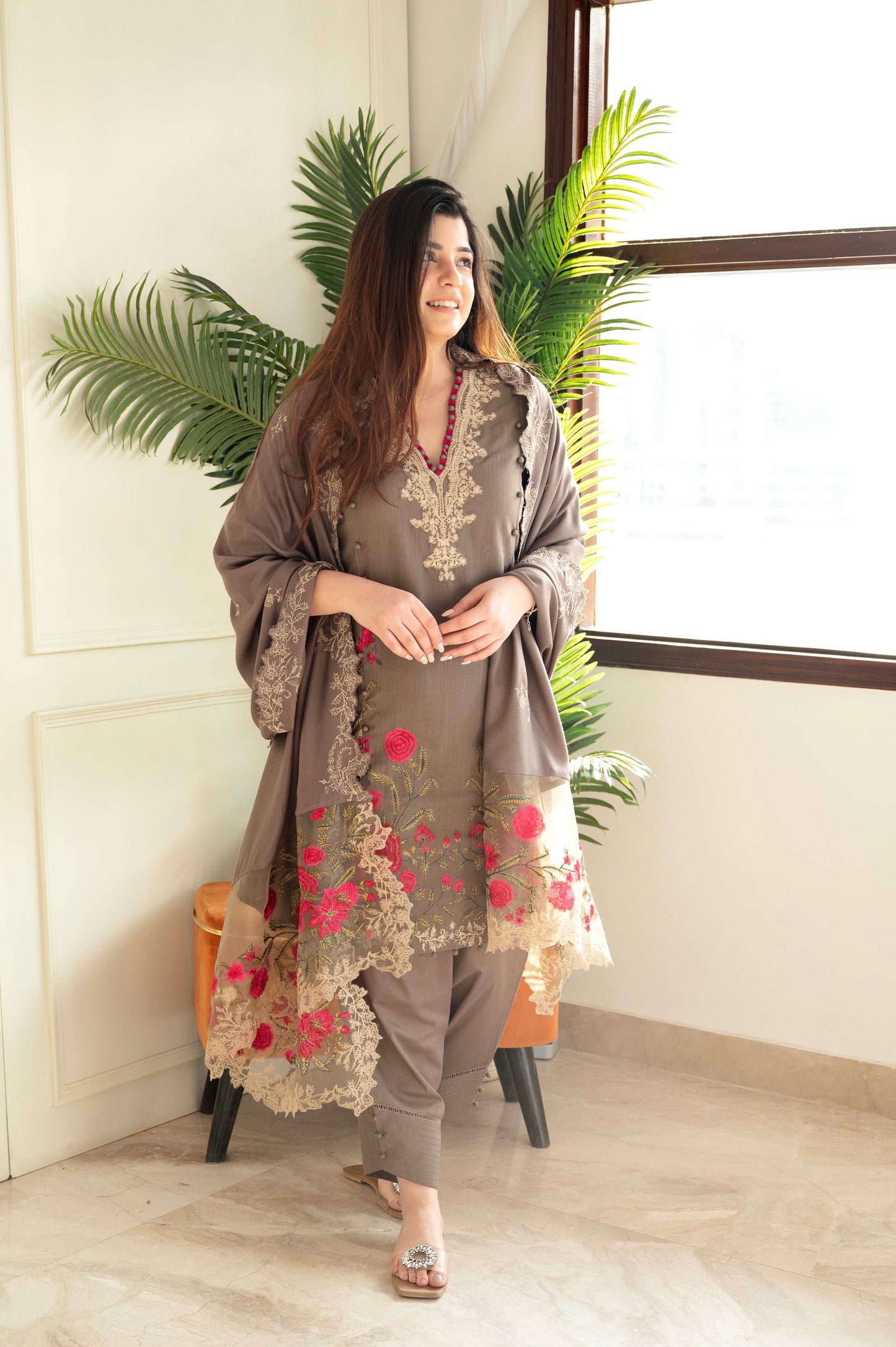 Sana Brown Embroidered Pakistani Linen Suit