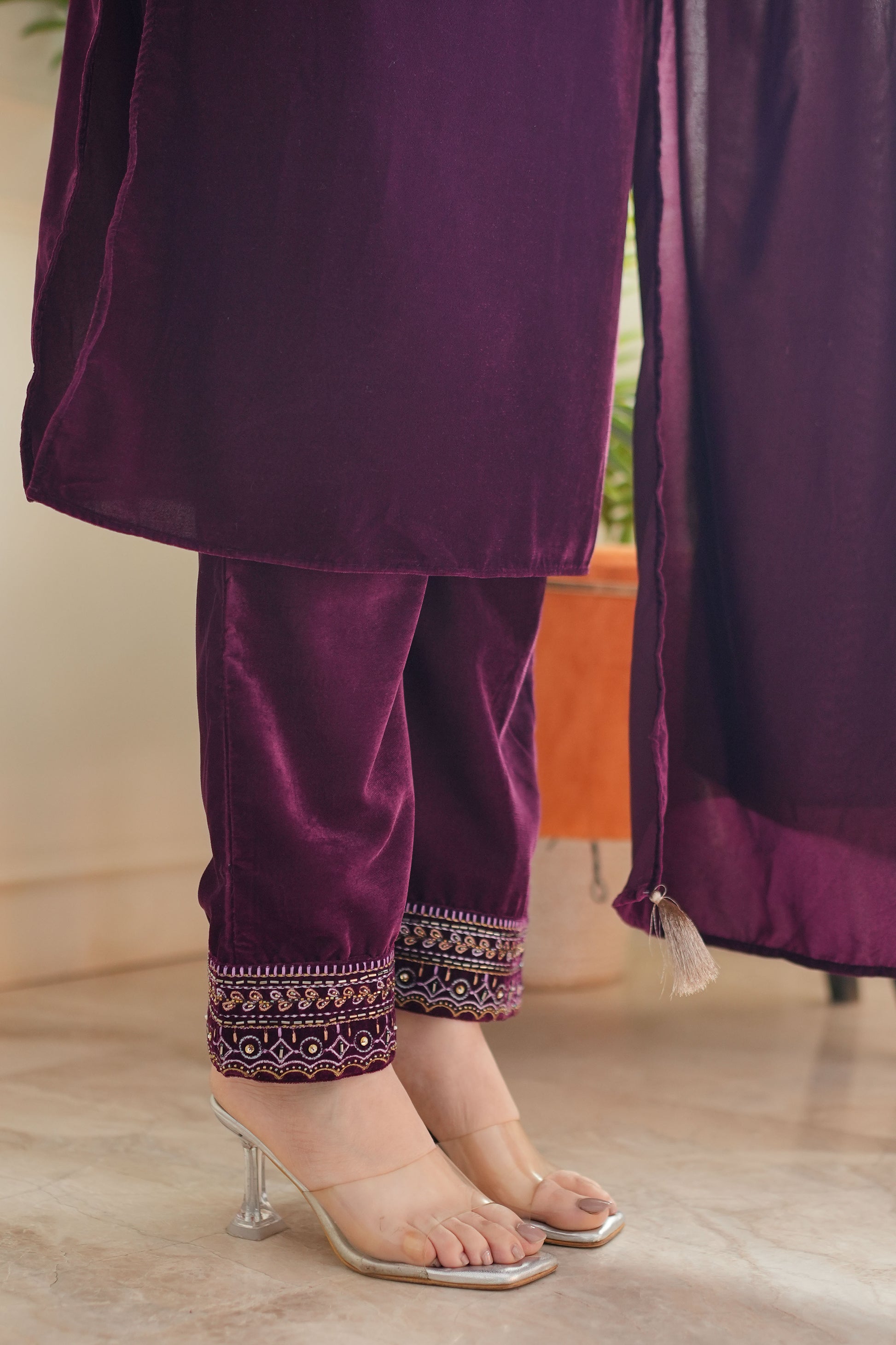 Neemra Wine Velvet Suit Set