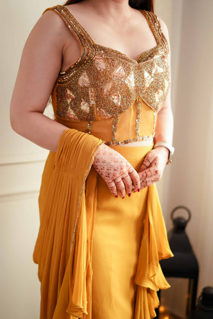 Gazal Mustard Drape Saree Side Slit