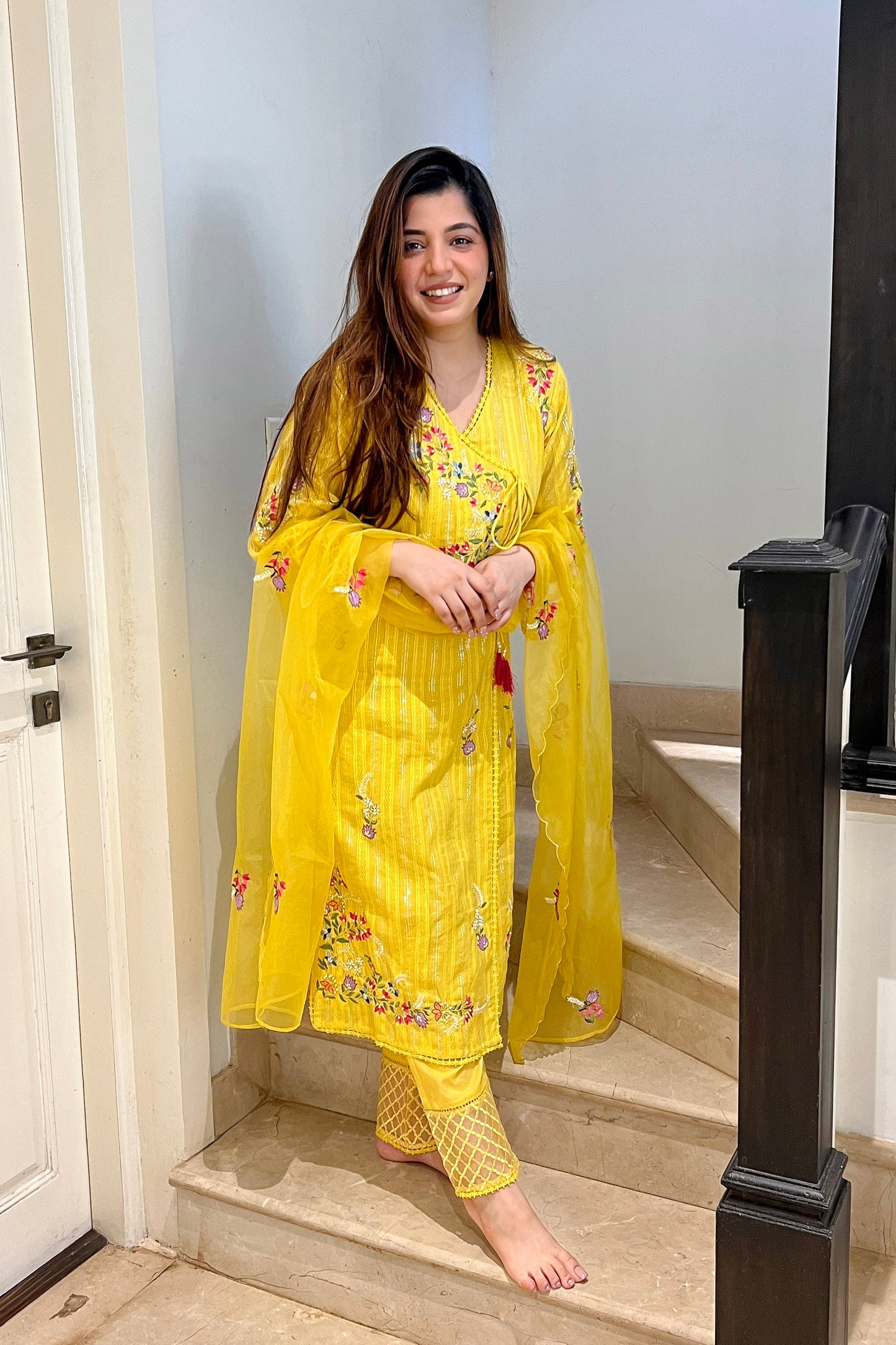 Sabha Yellow Angrakha Embroidered Suit Set