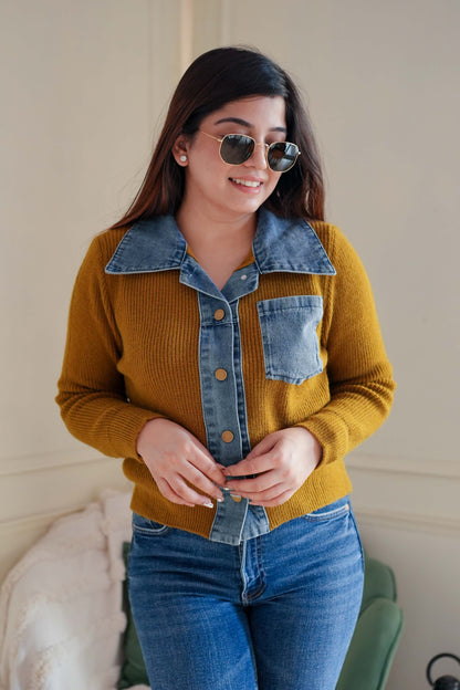 Yami Mustard Denim Detailed Sweater