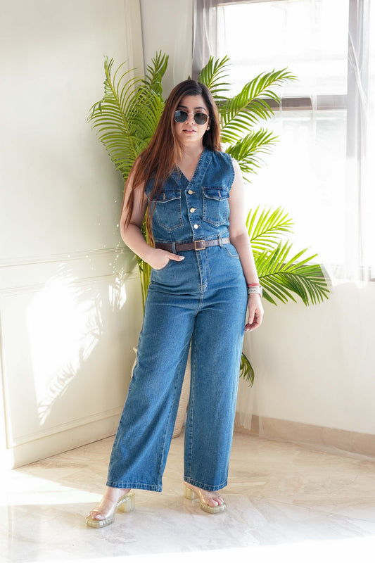 Ariana Dark Blue Denim Jumpsuit with Belt