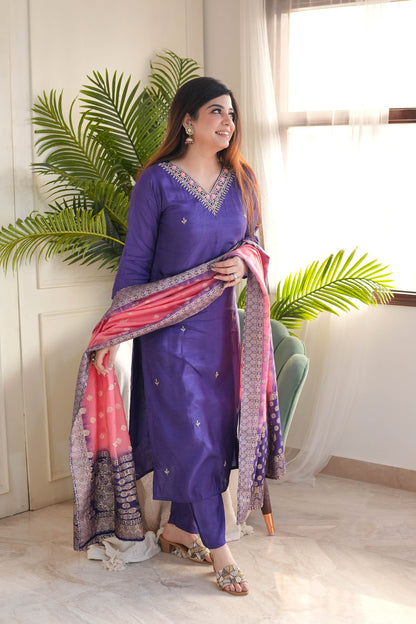 Ujjivan Purple Silk Suit Set