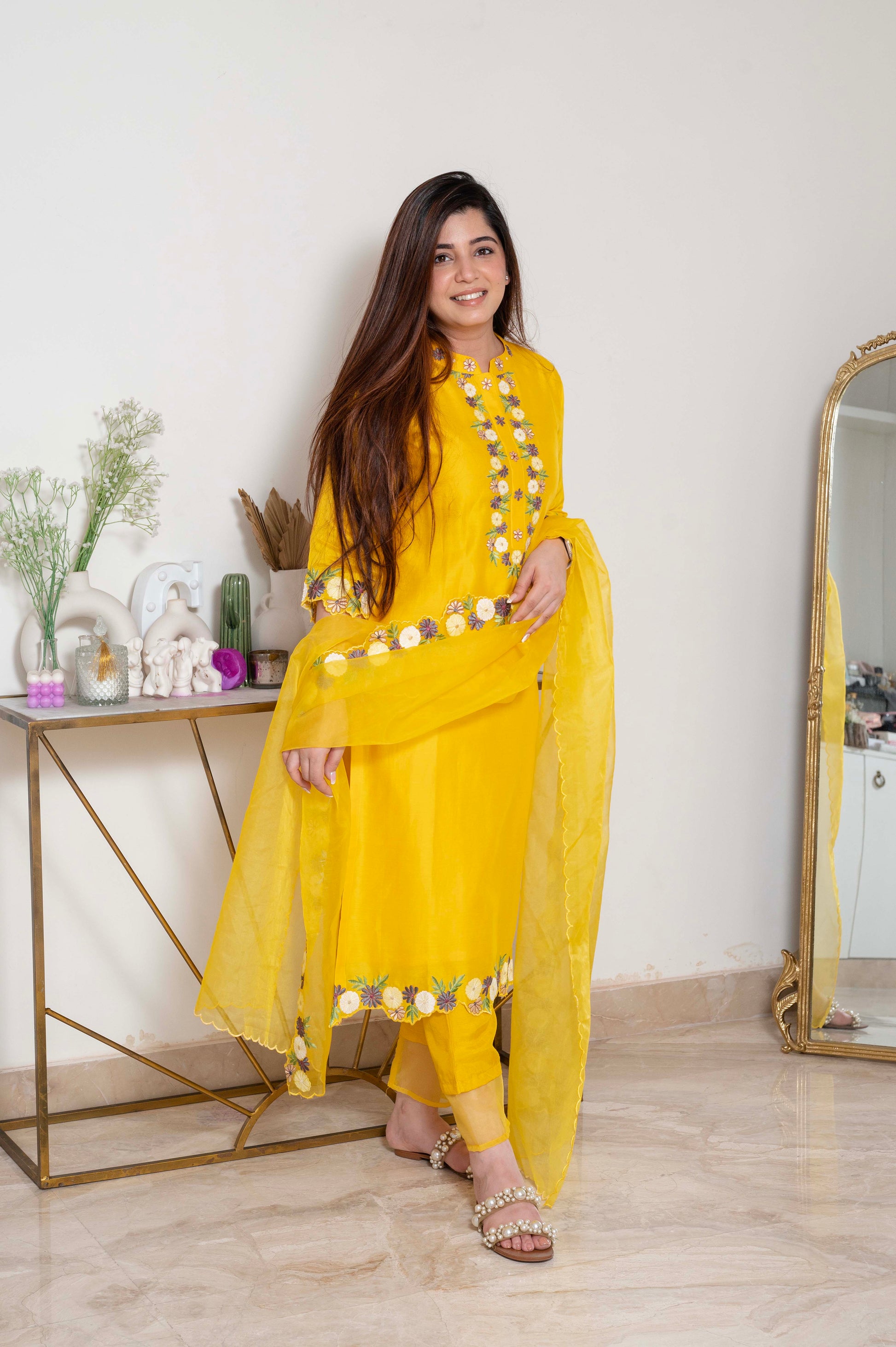 Nadira Yellow Embroidered Silk Suit Set