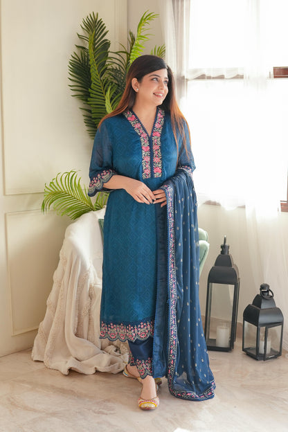 Meena Blue Embroidered Suit Set