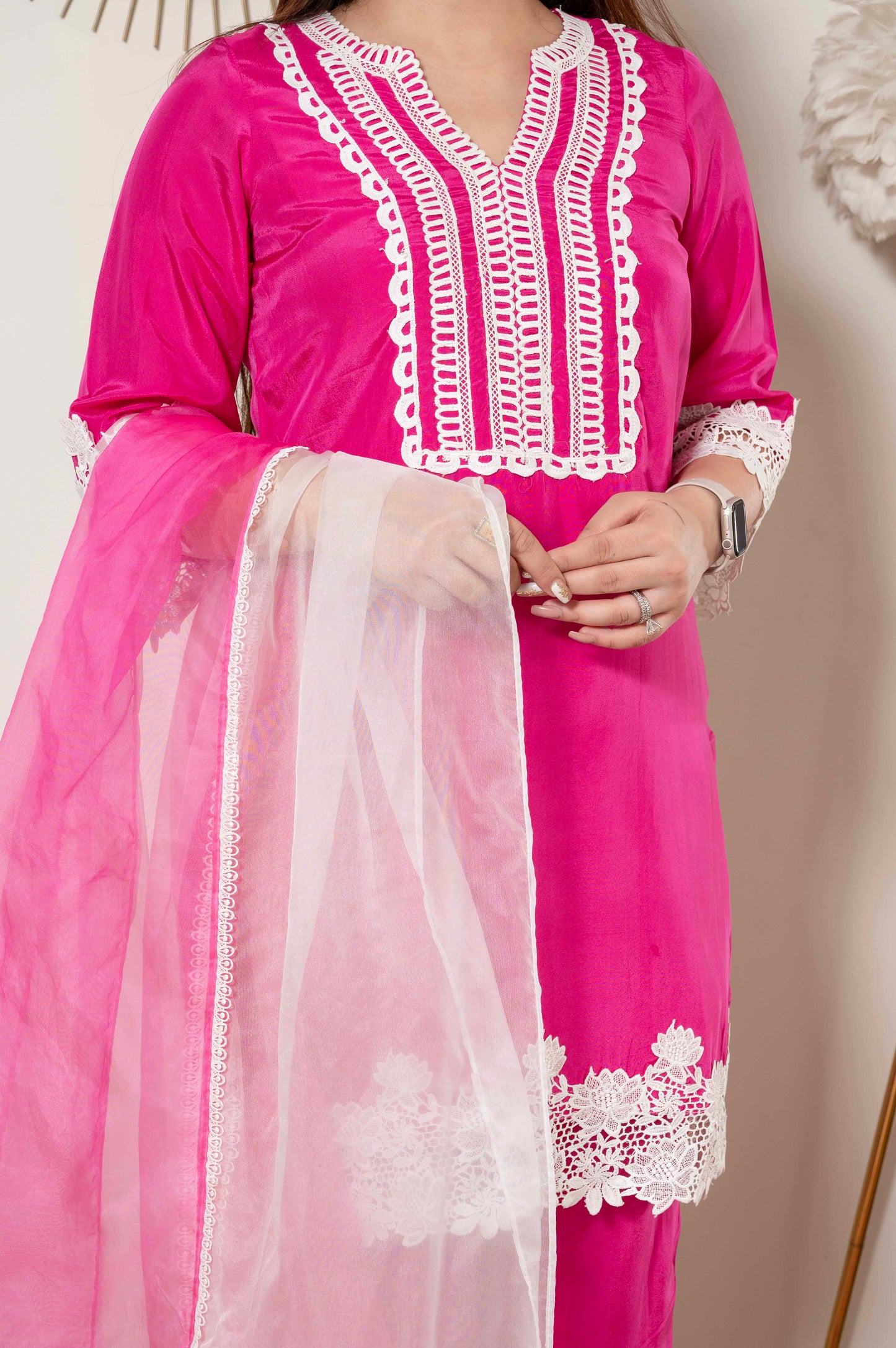 Tirana Pink Suit Set With Cutwork Detailing